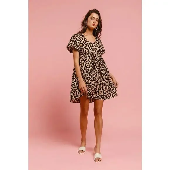 BiBi Leopard Print Woven Puff Sleeves Dress with Patch - Picture 4 of 14